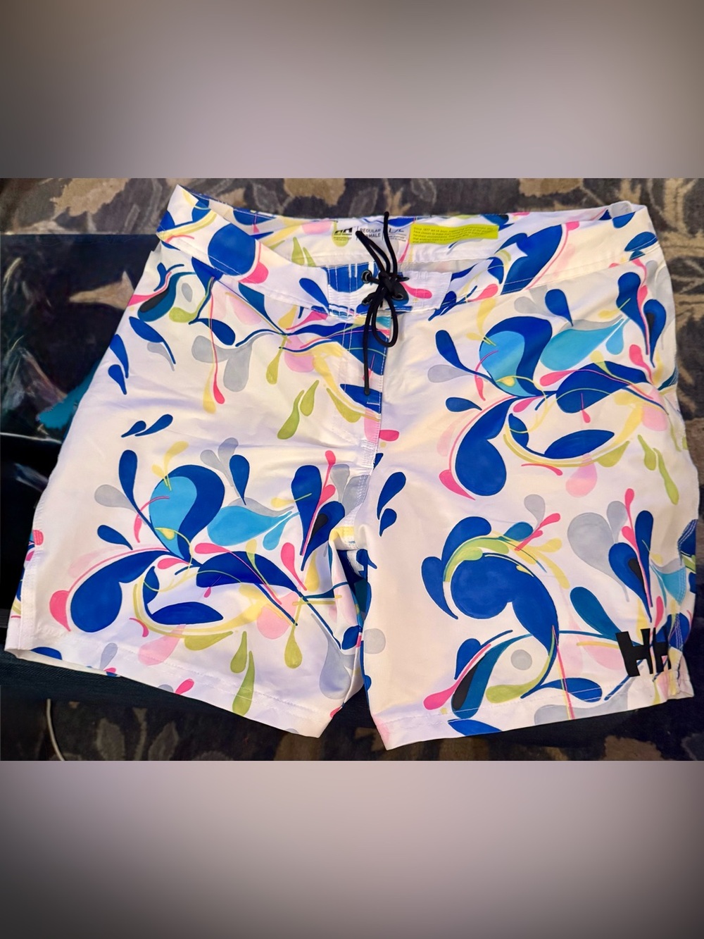 Helly Hansen White Athletic Swim Shorts with Blue & Pink Abstract Print